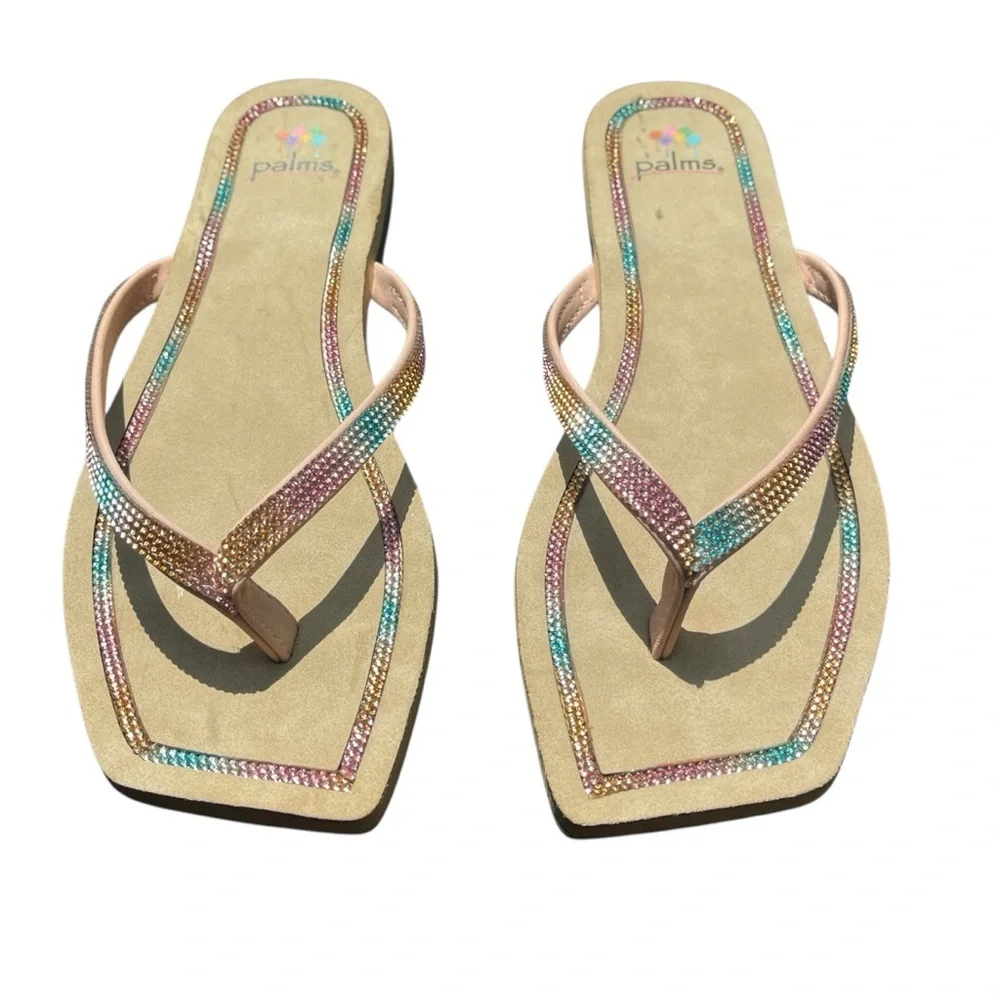 Palms Sandals Jeweled Thong Sz 7M Rainbow Square Toe Flip Flops Glitter Sparkle - Picture 1 of 3